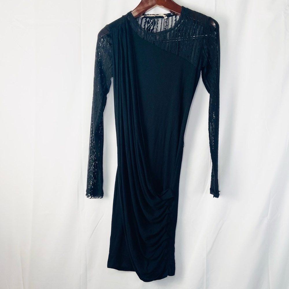 Rachel Rachel Roy black modal drape mini dress with lace sleeves small
